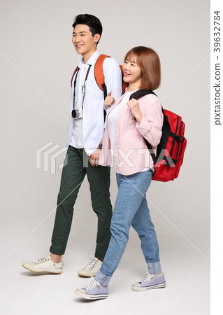 Happy young traveler couple concept photo. set out on a trip to honeymoon, camping and summer vacation concept isolated on white background. 154 Happy young traveler couple concept photo. set out on a trip to honeymoon, camping and summer vacation concept isolated on white background. 154 39632784