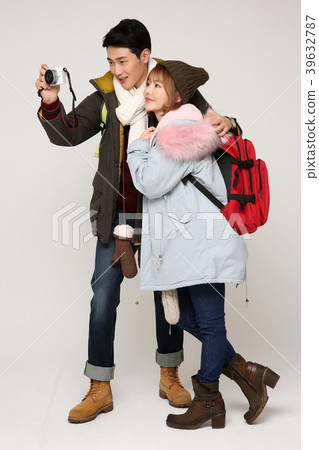 Happy young traveler couple concept photo. set out on a trip to honeymoon, camping and summer vacation concept isolated on white background. 304 Happy young traveler couple concept photo. set out on a trip to honeymoon, camping and summer vacation concept isolated on white background. 304 39632787