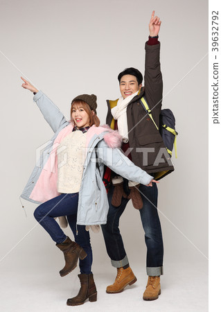 Happy young traveler couple concept photo. set out on a trip to honeymoon, camping and summer vacation concept isolated on white background. 263 Happy young traveler couple concept photo. set out on a trip to honeymoon, camping and summer vacation concept isolated on white background. 263 39632792