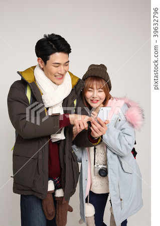 Happy young traveler couple concept photo. set out on a trip to honeymoon, camping and summer vacation concept isolated on white background. 293 Happy young traveler couple concept photo. set out on a trip to honeymoon, camping and summer vacation concept isolated on white background. 293 39632796