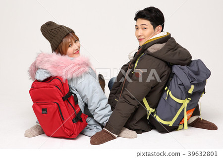Happy young traveler couple concept photo. set out on a trip to honeymoon, camping and summer vacation concept isolated on white background. 255 Happy young traveler couple concept photo. set out on a trip to honeymoon, camping and summer vacation concept isolated on white background. 255 39632801