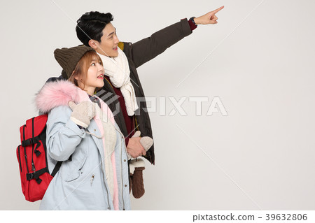 Happy young traveler couple concept photo. set out on a trip to honeymoon, camping and summer vacation concept isolated on white background. 239 Happy young traveler couple concept photo. set out on a trip to honeymoon, camping and summer vacation concept isolated on white background. 239 39632806