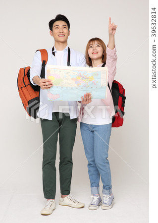 Happy young traveler couple concept photo. set out on a trip to honeymoon, camping and summer vacation concept isolated on white background. 218 39632814