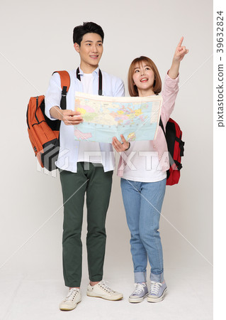 Happy young traveler couple concept photo. set out on a trip to honeymoon, camping and summer vacation concept isolated on white background. 217 Happy young traveler couple concept photo. set out on a trip to honeymoon, camping and summer vacation concept isolated on white background. 217 39632824