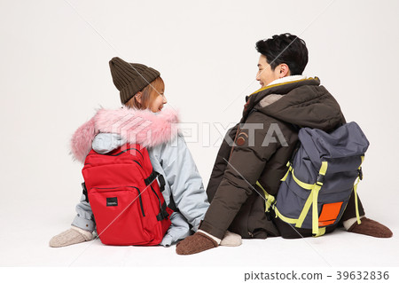 Happy young traveler couple concept photo. set out on a trip to honeymoon, camping and summer vacation concept isolated on white background. 253 Happy young traveler couple concept photo. set out on a trip to honeymoon, camping and summer vacation concept isolated on white background. 253 39632836