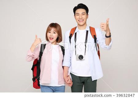 Happy young traveler couple concept photo. set out on a trip to honeymoon, camping and summer vacation concept isolated on white background. 178 Happy young traveler couple concept photo. set out on a trip to honeymoon, camping and summer vacation concept isolated on white background. 178 39632847