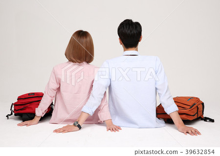 Happy young traveler couple concept photo. set out on a trip to honeymoon, camping and summer vacation concept isolated on white background. 169 Happy young traveler couple concept photo. set out on a trip to honeymoon, camping and summer vacation concept isolated on white background. 169 39632854