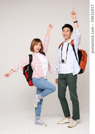 Happy young traveler couple concept photo. set out on a trip to honeymoon, camping and summer vacation concept isolated on white background. 181 Happy young traveler couple concept photo. set out on a trip to honeymoon, camping and summer vacation concept isolated on white background. 181 39632857