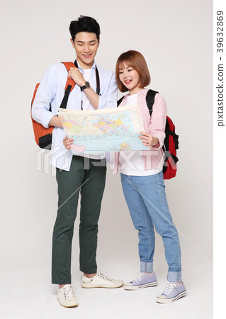 Happy young traveler couple concept photo. set out on a trip to honeymoon, camping and summer vacation concept isolated on white background. 220 Happy young traveler couple concept photo. set out on a trip to honeymoon, camping and summer vacation concept isolated on white background. 220 39632869