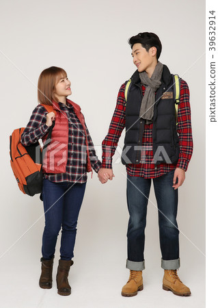 Happy young traveler couple concept photo. set out on a trip to honeymoon, camping and summer vacation concept isolated on white background. 369 Happy young traveler couple concept photo. set out on a trip to honeymoon, camping and summer vacation concept isolated on white background. 369 39632914