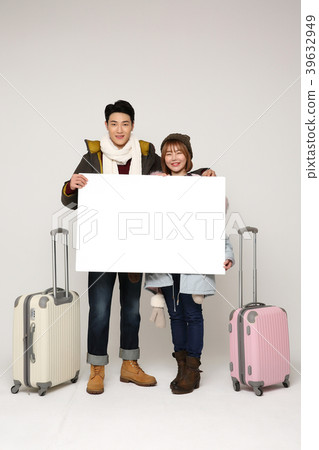 Happy young traveler couple concept photo. set out on a trip to honeymoon, camping and summer vacation concept isolated on white background. 354 Happy young traveler couple concept photo. set out on a trip to honeymoon, camping and summer vacation concept isolated on white background. 354 39632949