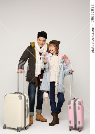 Happy young traveler couple concept photo. set out on a trip to honeymoon, camping and summer vacation concept isolated on white background. 343 Happy young traveler couple concept photo. set out on a trip to honeymoon, camping and summer vacation concept isolated on white background. 343 39632958