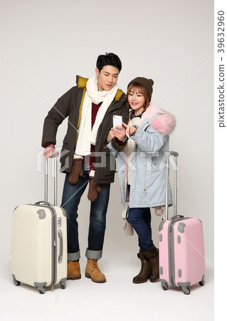 Happy young traveler couple concept photo. set out on a trip to honeymoon, camping and summer vacation concept isolated on white background. 337 Happy young traveler couple concept photo. set out on a trip to honeymoon, camping and summer vacation concept isolated on white background. 337 39632960