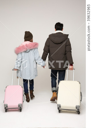 Happy young traveler couple concept photo. set out on a trip to honeymoon, camping and summer vacation concept isolated on white background. 331 Happy young traveler couple concept photo. set out on a trip to honeymoon, camping and summer vacation concept isolated on white background. 331 39632965