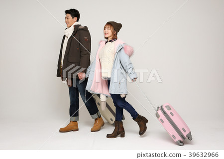 Happy young traveler couple concept photo. set out on a trip to honeymoon, camping and summer vacation concept isolated on white background. 335 Happy young traveler couple concept photo. set out on a trip to honeymoon, camping and summer vacation concept isolated on white background. 335 39632966