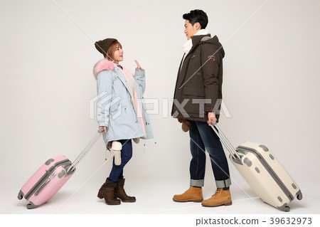 Happy young traveler couple concept photo. set out on a trip to honeymoon, camping and summer vacation concept isolated on white background. 322 Happy young traveler couple concept photo. set out on a trip to honeymoon, camping and summer vacation concept isolated on white background. 322 39632973