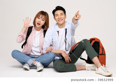 Happy young traveler couple concept photo. set out on a trip to honeymoon, camping and summer vacation concept isolated on white background. 166 Happy young traveler couple concept photo. set out on a trip to honeymoon, camping and summer vacation concept isolated on white background. 166 39632999