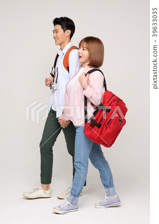 Happy young traveler couple concept photo. set out on a trip to honeymoon, camping and summer vacation concept isolated on white background. 152 Happy young traveler couple concept photo. set out on a trip to honeymoon, camping and summer vacation concept isolated on white background. 152 39633035