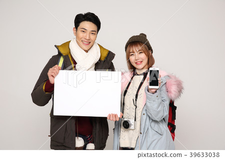 Happy young traveler couple concept photo. set out on a trip to honeymoon, camping and summer vacation concept isolated on white background. 300 Happy young traveler couple concept photo. set out on a trip to honeymoon, camping and summer vacation concept isolated on white background. 300 39633038