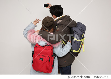 Happy young traveler couple concept photo. set out on a trip to honeymoon, camping and summer vacation concept isolated on white background. 294 Happy young traveler couple concept photo. set out on a trip to honeymoon, camping and summer vacation concept isolated on white background. 294 39633055