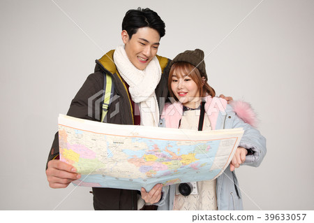 Happy young traveler couple concept photo. set out on a trip to honeymoon, camping and summer vacation concept isolated on white background. 284 Happy young traveler couple concept photo. set out on a trip to honeymoon, camping and summer vacation concept isolated on white background. 284 39633057