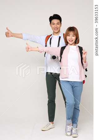 Happy young traveler couple concept photo. set out on a trip to honeymoon, camping and summer vacation concept isolated on white background. 195 Happy young traveler couple concept photo. set out on a trip to honeymoon, camping and summer vacation concept isolated on white background. 195 39633153