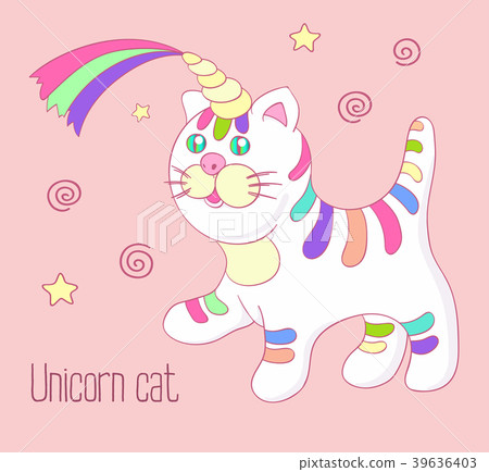 Unicorn cat with rainbow horn and stripes isoleted Unicorn cat with rainbow horn and stripes isoleted 39636403