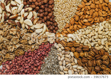 Nuts mix in a canvas bag in table. Kinds of nuts 39637673