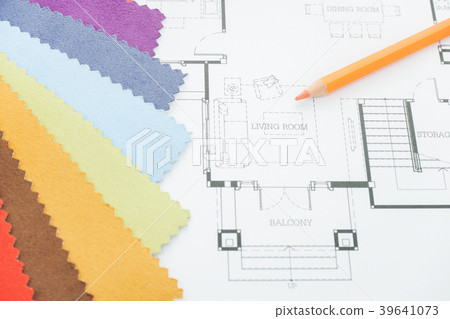 Top view of designer desk with sample of material Top view of designer desk with sample of material 39641073