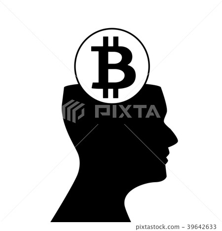 Black silhouette of human head and sign of bitcoin 39642633