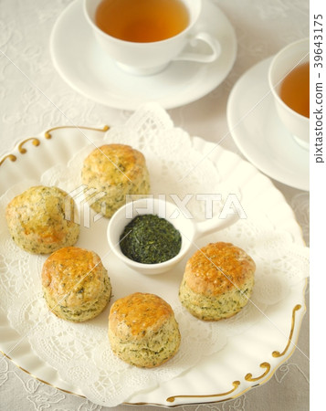 Sencha scones and black tea plate (high angle) 39643175