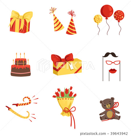 Flat vector set of birthday party elements. Gifts Flat vector set of birthday party elements. Gifts 39643942