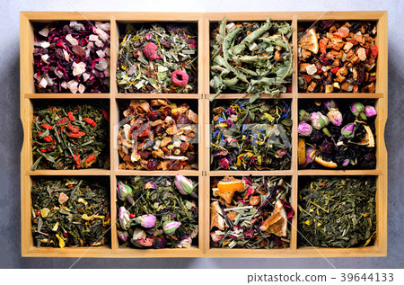 Assortment of dry tea in wooden box. Tea types 39644133