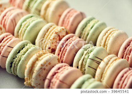 Colorful french macaroons flat lay. Pastel colors 39645541