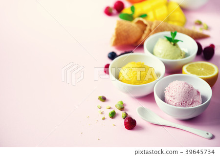 Red, purple, yellow, green, white ice cream balls 39645734