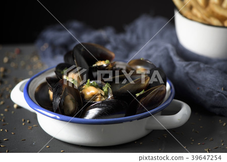 moules-frites, typical Belgian mussels and fries. moules-frites, typical Belgian mussels and fries. 39647254