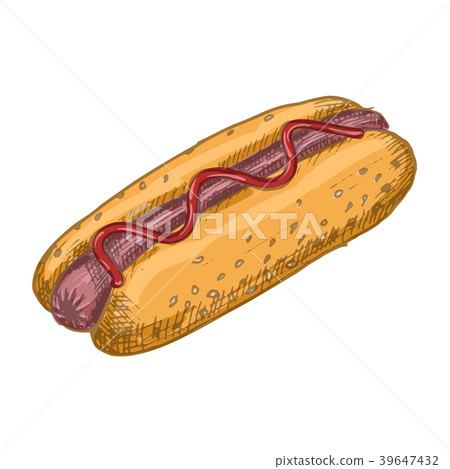 Vector vintage hot dog drawing. Hand drawn color Vector vintage hot dog drawing. Hand drawn color 39647432