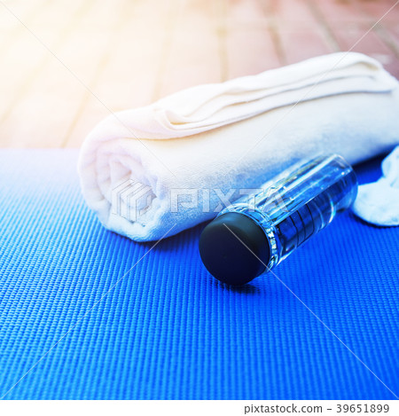 set for exercises yoga water rug towel morning 39651899