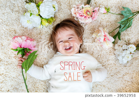 Spring Sale message with happy toddler boy Spring Sale message with happy toddler boy 39652958