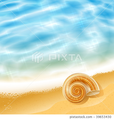 Summer beach seascape with waves and a sea shell on the shore on a sunny day; Vector background; No Mesh; Eps10 Summer beach seascape with waves and a sea shell on the shore on a sunny day; Vector background; No Mesh; Eps10 39653430