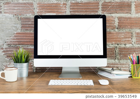 workspace with computer with blank white screen 39653549