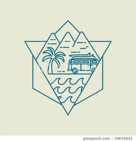 Surf boards on beach van icon in line art style 39654681