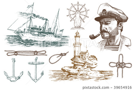 Boatswain With Pipe Lighthouse And Sea Captain Stock Illustration boatswain-with-pipe-lighthouse-and-sea-captain-stock-illustration
