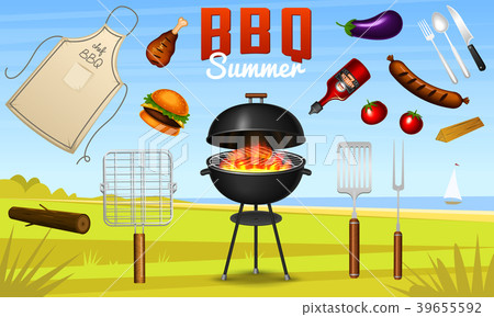Barbecue grill elements set isolated on red - Stock Illustration ...