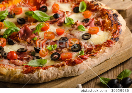 Rustic pizza with tomato, cheese, salami Rustic pizza with tomato, cheese, salami 39659986