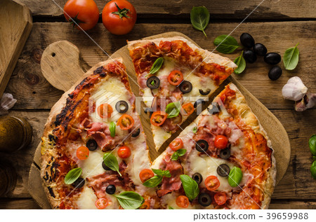 Rustic pizza with tomato, cheese, salami Rustic pizza with tomato, cheese, salami 39659988