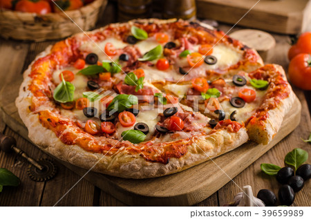 Rustic pizza with tomato, cheese, salami Rustic pizza with tomato, cheese, salami 39659989