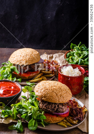 Beef burger with bacon and french fries Beef burger with bacon and french fries 39662436