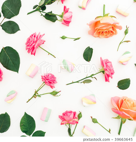Roses, buds, leaves and marshmallow with candy Roses, buds, leaves and marshmallow with candy 39663645