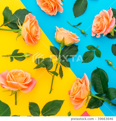 Pattern with pink and orange roses, buds and leaf Pattern with pink and orange roses, buds and leaf 39663646